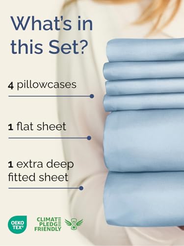 Image of Extra Deep King Sheet Set - 6 Piece Breathable & Cooling Sheets - Sky Blue | Hotel Luxury Bed Sheets Set, Easy & Secure Fit, Ultra-Soft, Wrinkle & Fade Free, Comfy Sheets Set with Extra Deep Pockets
