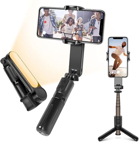 BKN® Foldable Handheld Gimbal Stabilizer Stick Tripod with Bluetooth Wireless Remote & Removable Fill Light | 360° Rotation Portable Phone Holder...