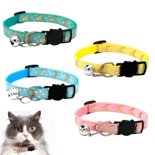 ZWWOGE 4 pezzi collare gatto con chiusura di sicurezza, collare per gatti regolabile e riflettente con campana, luna e stella, giallo, blu, verde, rosa