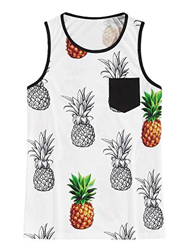 Romwe Men s Pineapple Print Tank Top Pocket Sleeveless T Shirt Casual Sport Gym Shirts White L