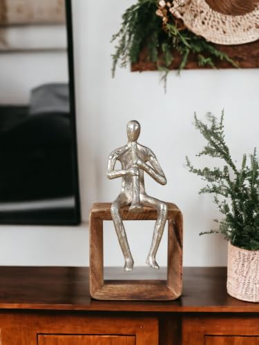 Image of MANOR HOUSE Flute Player Figurine Showpiece, Silver Metal Musician Sculpture on Wooden Square Base (Playing Flute Sculpture)