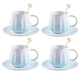 LGQ Ceramic Espresso Cups and Saucers Set of 4, 7oz Porcelain Cups for Coffee, Tea, Cappuccino and Various Drinks with Elegant Gold Rim(Blue)