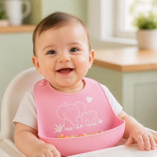 Image of BabyGo Silicone Baby Bib for Feeding & Weaning Infants & Toddlers |Waterproof, Washable & Reusable | Adjustable Neckline, Lightweight & Foldable Bib with Deep Food Catcher Pocket |Pink (Pack of 1)