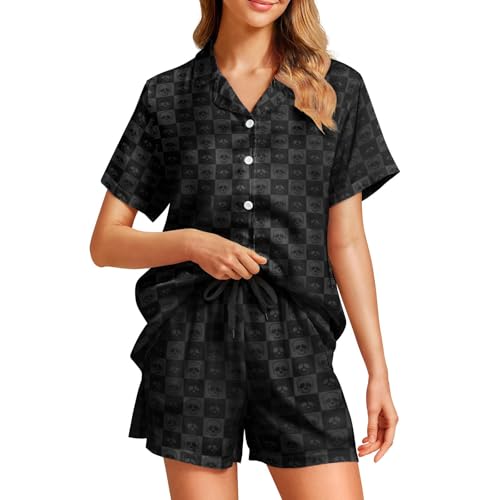 Image of Funny Pajamas for Women Set Print Satin Loungewear Pjs Short Sleeve Button Down Top and Shorts Sets Sleepwear XS-3XL