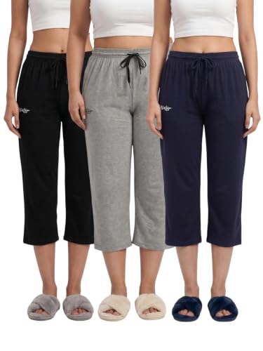 Image of Fflirtygo Women's Cotton Plain Calf Length Capri | Nightwear Pajama | 3 /4th Solid Pyjama Pant | Black Navy and Lavender Lounge Pants | Casual wear & Lounge Wear Capri Combo (Pack of 3)