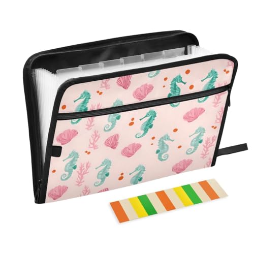 ALAZA Green Seahorse Dot Expandable Filing Folder Storage Organiser Box Files, 13 Pockets Zip Filing Folders for Home or Office Documents