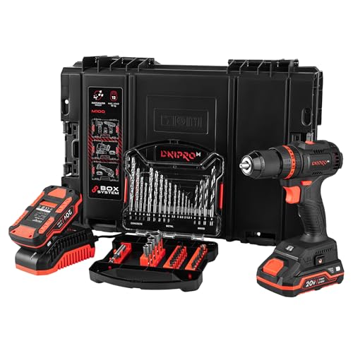 Dnipro-M Perceuse Visseuse Sans Fil Brushless CD-201HBC Professionnelle 20V (45 Nm) - Perceuse à Percussion Compacte, Kit Complet avec 2 Batteries 2Ah, Chargeur 3A et Coffret 41 Accessoires Foret