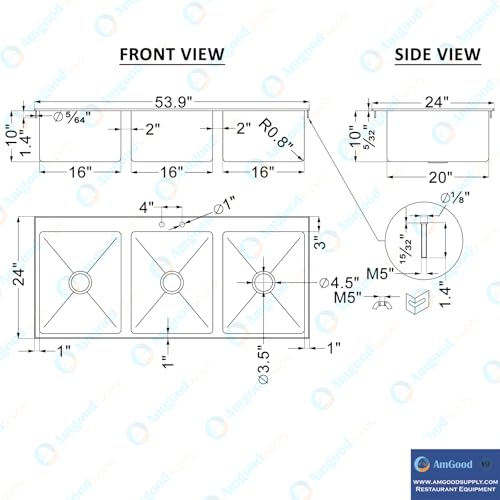 Image of Stainless Steel 3 Compartment Drop-In Sink.Bowl 16 in. x 20 in. x 10 in. No Faucet.
