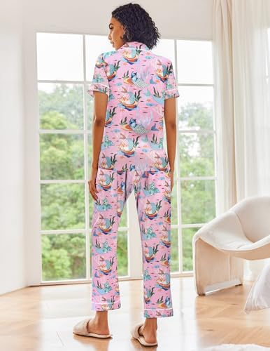 Image of Ekouaer 2 Piece Satin Short Sleeve Pajamas Set Button Down Sleepwear | Soft Pjs Set Classic Loungewear for Wedding, Party, Home, Daily Wear, Date Nights