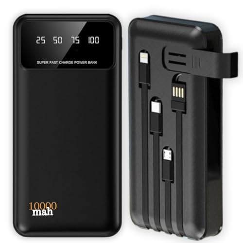 Carregador Portátil Power Bank Universal 10000mAh 4 Cabos Integrados Design Leve, Compacto e Ultra Rápido Com Entradas (Micro USB, USB-C e IOS) Led Com Indicador Bateria
