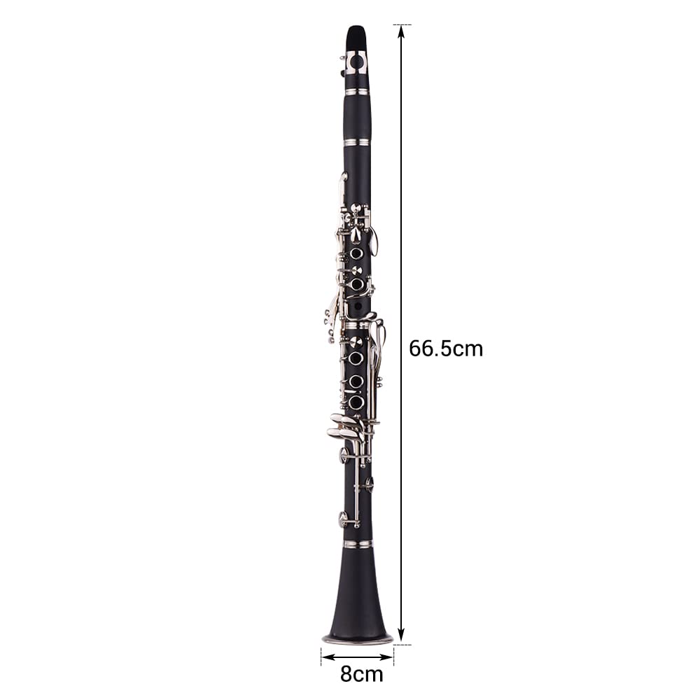 Clarinete ABS de 17 Teclas en si Bemol con Estuche de Transporte Guantes Paño de Limpieza Mini Destornillador Estuche para cañas 10 Piezas Cañas Instrumento de Viento de Madera