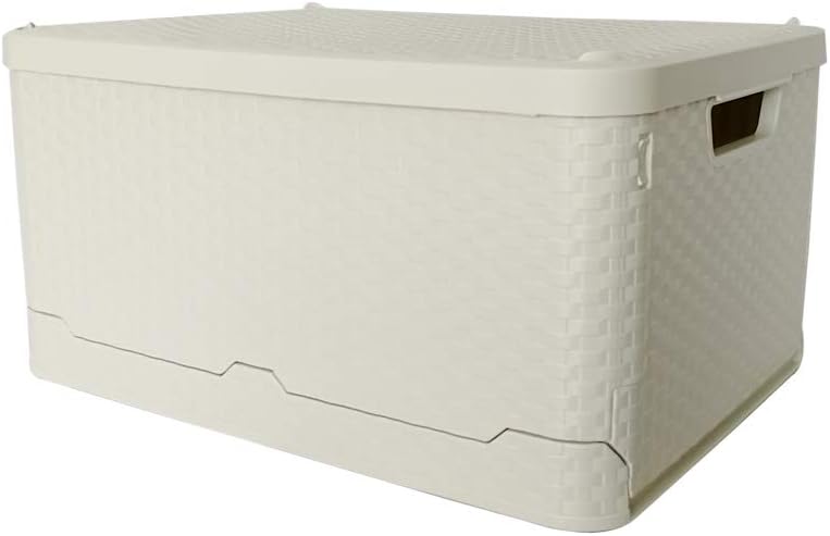 Glenmore Plastic Storage Box with Lid Folding Basket Rattan Effect Collapsible Stackable Container 45 x 34 x 24 Centimetres Beige