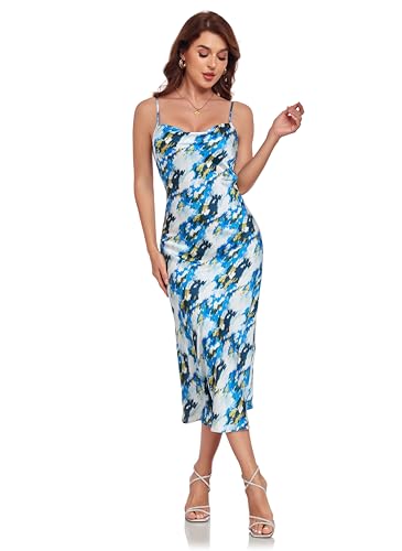 Image of Women's Spaghetti Strap Midi Satin Silk Dresses Slip Cowl Neck Party Cocktail Evening Sexy Dress
