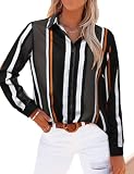 Magritta Womens V Neck Blouses for Work Professional Loose Fit Striped Color Block Collared Button Down Cuffed Roll Up Long Sleeve Shirts Tops X-Large