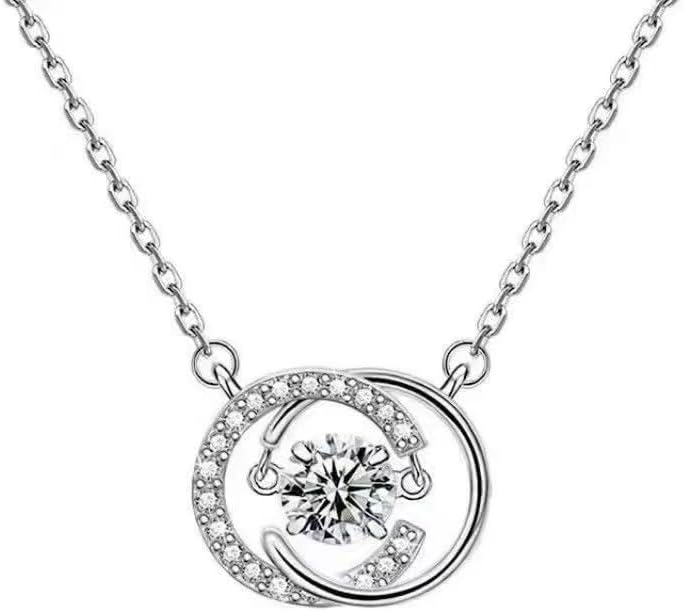 18K White Gold Plated Double Circle Pendant Necklace with Round Cubic Zirconia – Elegant Statement Jewelry for Women