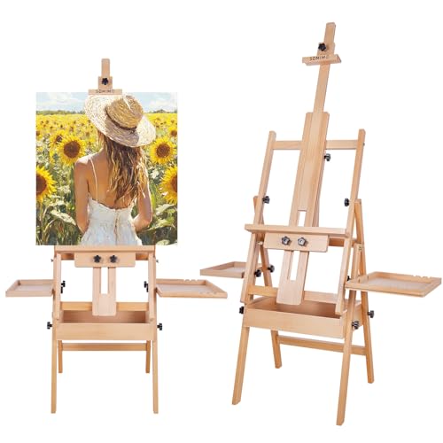 Somime Large Horizontal Wooden H-Frame Studio Easel with Storage Drawer and Palettes Solid Beechwood Painting Easel for Students Beginners and Artists Hold Canvas to 50Inches High