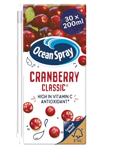 Ocean Spray Classic Cranberry Juice Drink - 30 x 200ml - Sugar & Natural Sweetener Fruit Juice - Rich in Vitamin C & High in Antioxidants - Made with Whole Cranberries