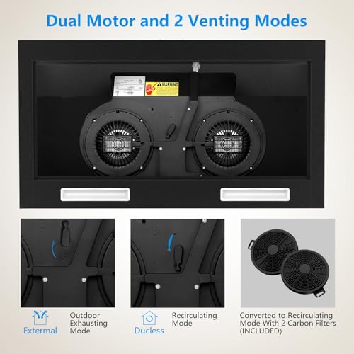 Upgraded 600 CFM Range Hood 36 inch, Black Under Cabinet Range Hood for Duct/Ductless Convertible, Stainless Steel Kitchen Stove Vent with 3 Speed Kitchen Exhaust Fan and Two Bright Energy-Saving LED