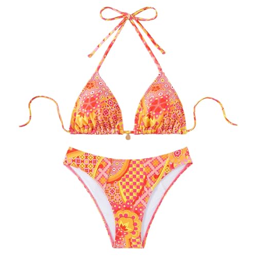 Bikini fendu orange XS triangle imprimé | Maillot de bain sexy