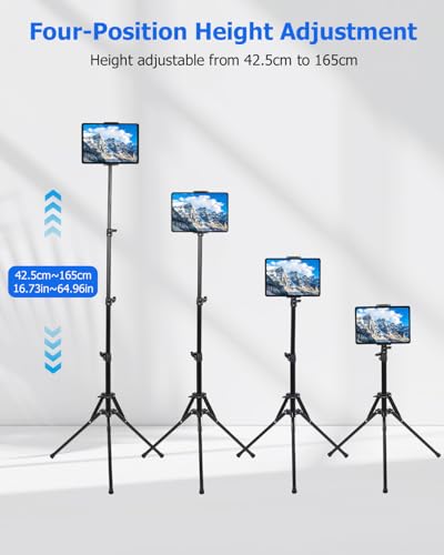 Tablet Stativ Halterung mit 360°Drehung, Stativ Halter Höhenverstellbar bis 165cm, für iPad Pro Air Mini, iPad Pro 9.7, 10.5,12.9, iPhone, alle 4,7-13 Zoll Tablets und Smartphones
