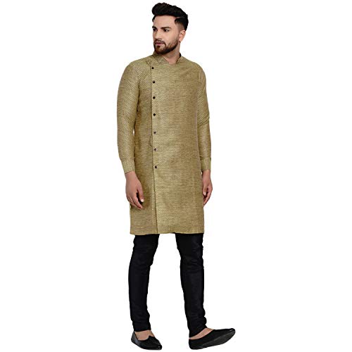 Image of Veera Paridhaan Men's Ethnic Poly Cotton Full Sleeve Textured Side Button Long Kurta(Orange)