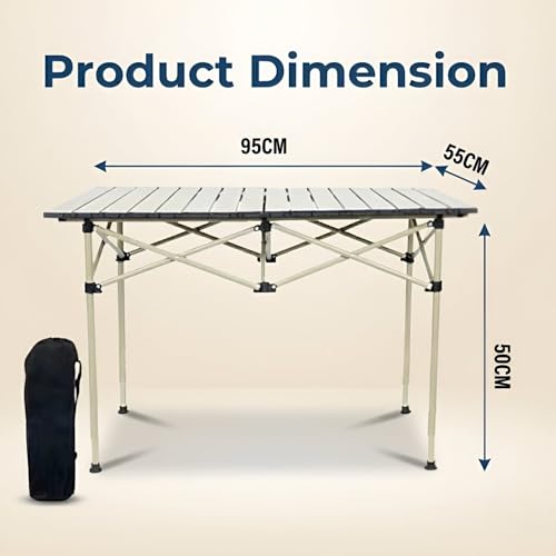 Image of Kraptick Portable Metal Folding Camping Table with Roll-Up Tabletop Lightweight Outdoor Long Table with Carry Bag Compact & Durable Folding Table for Camping, Picnic, Beach & Travel Use (Beige)