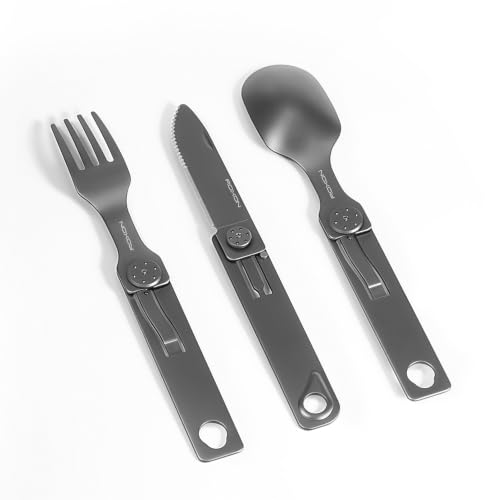 Image of ROXON 3-in-1 Camping Utensils Set (Knife, Spoon, Fork) Titanium-Plated Grey