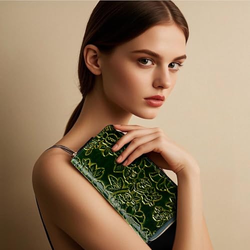 Embossed Wallets for Women Vintage Womens Wallets Floral PU Leather Zipper Card Holder Phone Checkbook Organizer(Green J6109)2