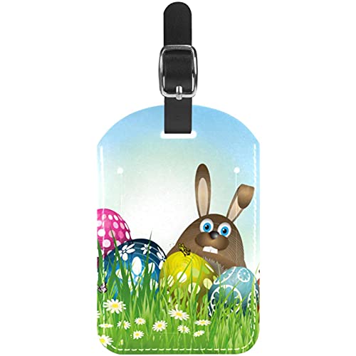 Lot de 1 étiquettes de voyage en cuir Lapin de Pâques dans l'herbe avec des œufs