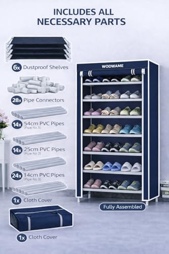 Image of 6-Tier Shoe Rack with Dust-Proof Cover, Black with Gold Trim, Multi-Pair Storage Organiser (Blue)