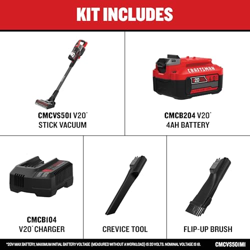 Image of CRAFTSMAN V20 Stick Vacuum Cordless Rechargeable,3 Speed, Lightweight, Powerful Suction, Brushless, Extended Runtime, Battery and Charger Included (CMCVS501M1)
