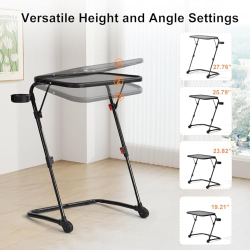 FurnitureR Adjustable Folding TV Tray Tables, Foldable Laptop Table Dinner Trays Snack Table with Cup Holder for Bed & Sofa, 4 Height & 3 Tilt Angle, No Assembly Required, Set of 2, Black