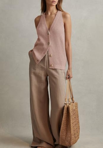 Image of Womens Button-Front Sweater Vest Top V Neck Sleeveless Knit Tank Fitted Halter Raceback Cardigan Vest