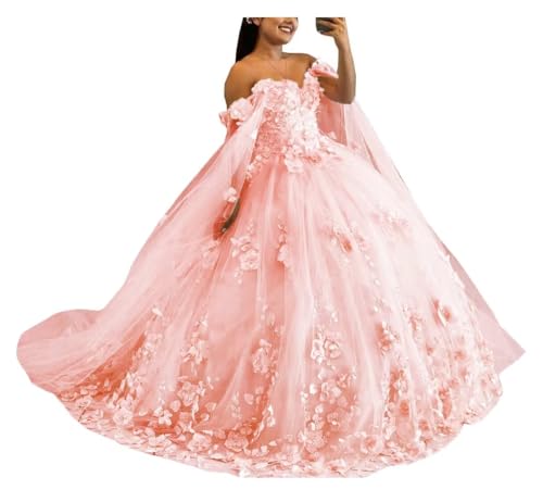 Asulla Off The Shoulder Prom Dress with Detachable Cape 3D Flowers Puffy Ball Gowns Sweet 15 16 Party Dress