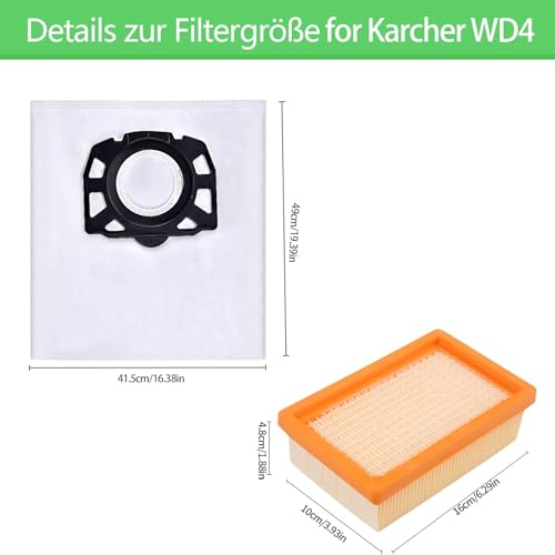 10 Staubsaugerbeutel + 2 Filter für Kärcher 2.863-006.0 KFI 487 WD4 WD5 WD6 WD5P WD6P Premium MV4 MV5 MV6 Staubsauger Ersatzteile 2.863-005.0
