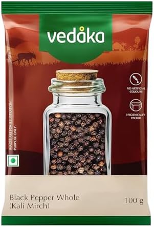 Amazon Brand - Vedaka Black Pepper Whole (Kaali Mirch) |100 g | Bold Flavor & Fresh Aroma | Perfect for Cooking | No Added Colours | No Preservatives