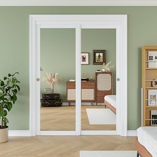 60" x 80" Sliding Closet Door, 1-Lite One-Side Mirror Bypass Door Panel with Hardware Track Kit & Floor Guide, Solid Wood Slab Pre-Assembled with PVC Surface, Silver Round Handle