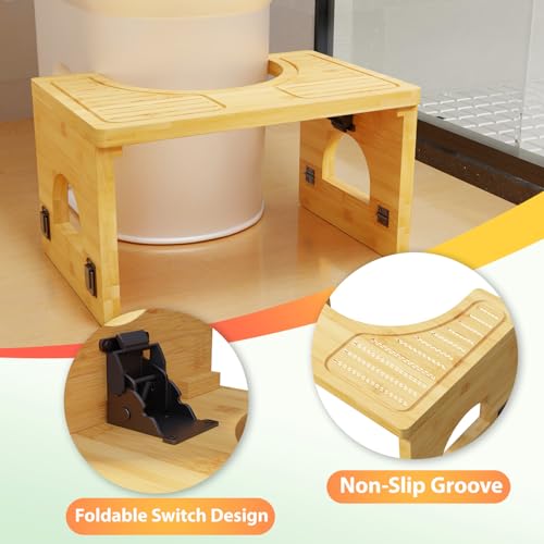 Image of Folding Toilet Stool 7 inch&9 inch Adjustable, Bamboo Poop Stool for Adults & Kids