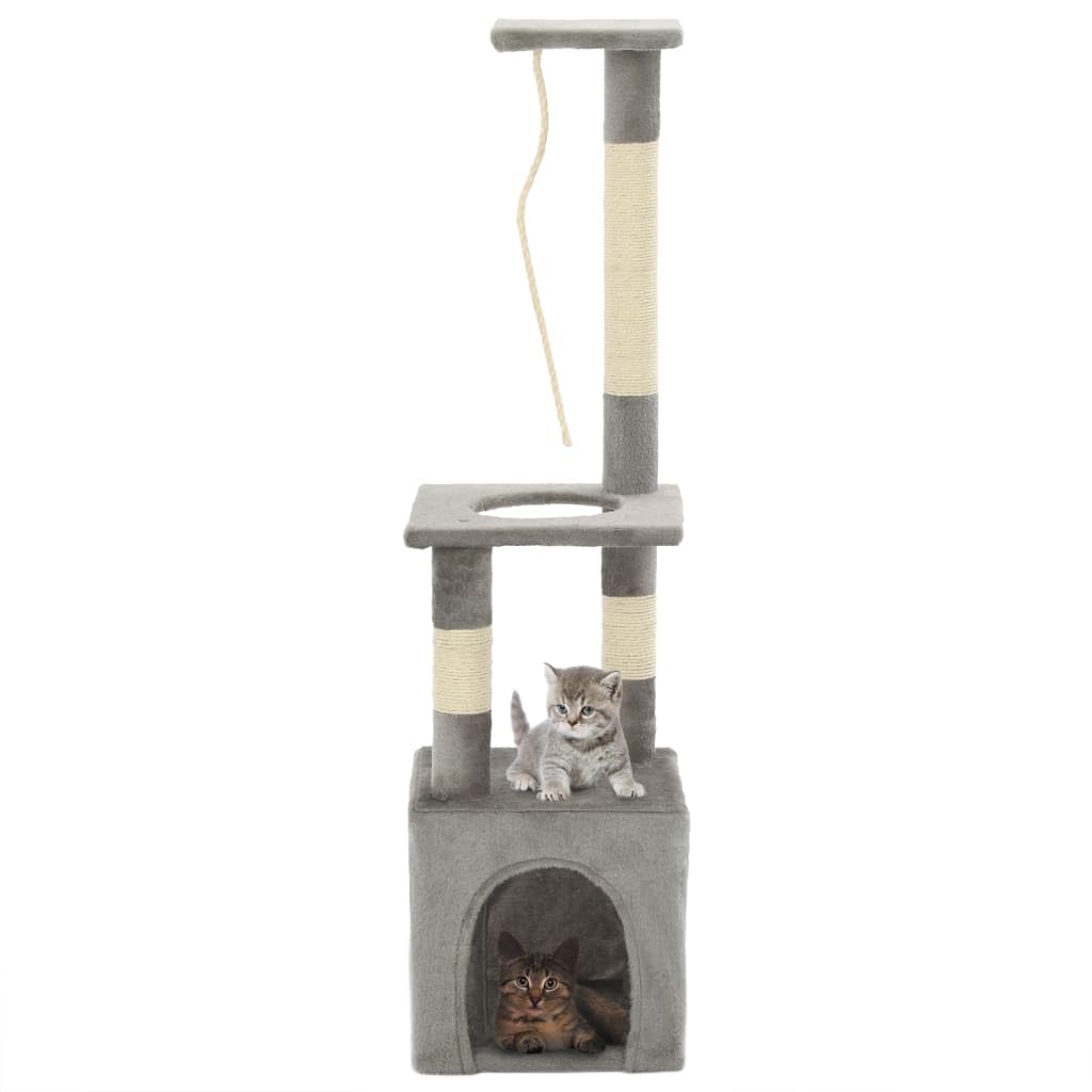 Árbol rascador para gatos con columnas rascadoras de sisal, 109 cm, gris, marco de madera estable, con cueva, hamaca, plataformas de observación, adecuado para apartamento, balcón y torre de