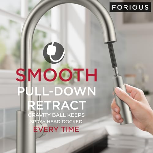 Image of FORIOUS Kitchen Faucet with Pull Down Sprayer, Modern Single Hole Kitchen Sink Faucet with Soap Dispenser, Deck Plate, Brushed Nickel Single Handle, High Arc Stainless Steel for RV Farmhouse Laundry