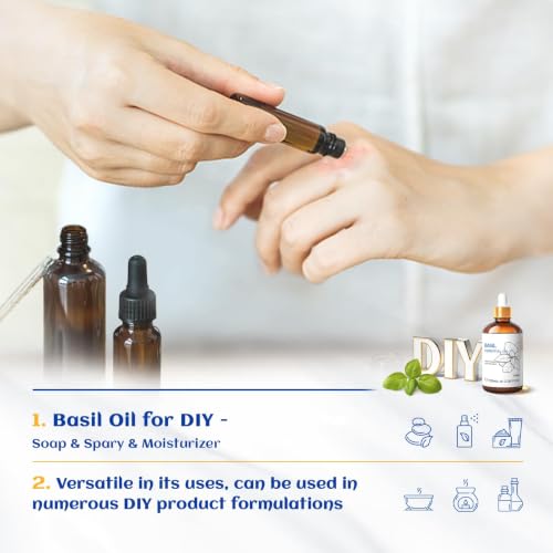 Image of HIQILI Basil Essential Oil for Aromatherapy Diffuser, Hair Care | Perfect for bedroom, yoga, skin care. Promotes calm relaxation, body massage, DIY soap and candle - 100mL / 3.38 fl.oz