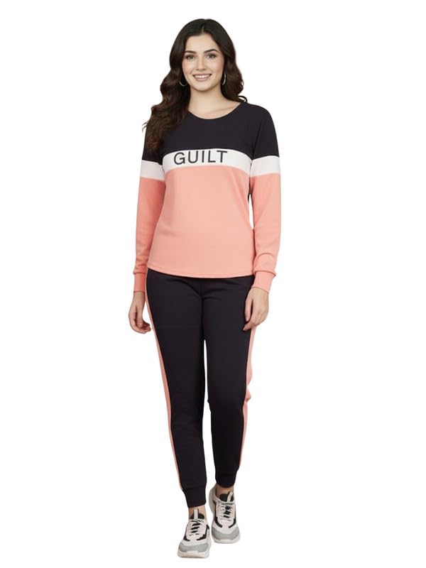 dtr fashion Women's Peach Cotton Lycra Blend Guilt Letter Print Taped Tracksuit | Co-ord Set For Women|Track Suit Set For Women-picture-29