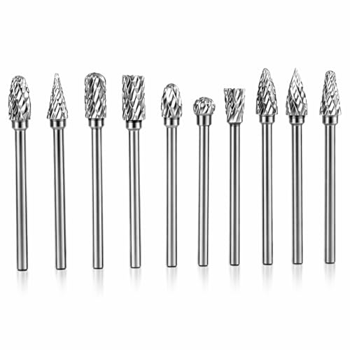 10PCS Tungsten Carbide Rotary Burr Set Double Cut Carbide Burr for Metal Wood Plastic, 1/8 Inch Shank Die Grinder Bits Rotary Tool Accessories for Engraving Carving Grinding