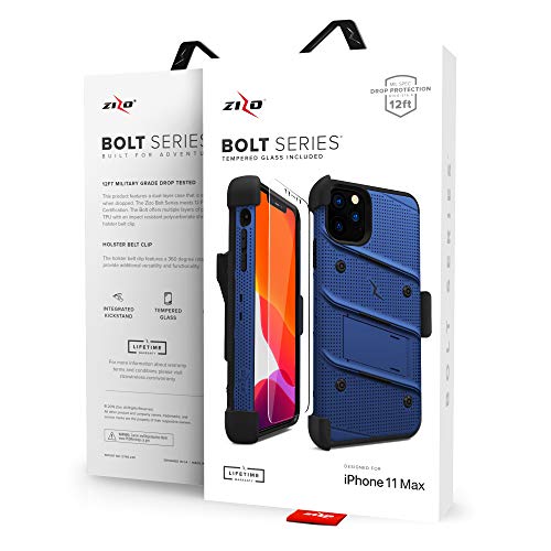 Zizo Bolt Series Iphone 11 Pro Max Case - Heavy-Duty Military-Grade Drop Protection W/Kickstand Included Belt Clip Holster Tempered Glass Lanyard - Blue #TOP7
