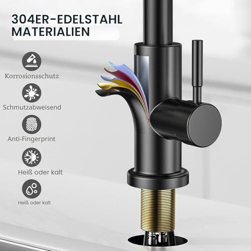 Wasserhahn Küche Schwarz,360° Schwenkbar Spültischarmatur Küche,Hochdruck Küchenarmatur mit Brause Ausziehbar, Edelstahl Heiß Kalt Armatur Küche G3/8'' Verbindung-2- Strahlarten