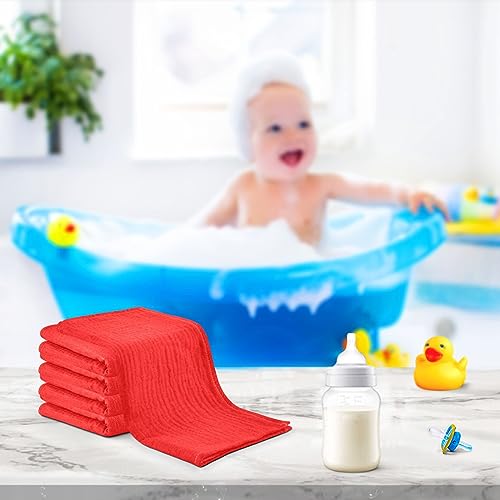 Image of YETTASBIN Red Solid Color Muslin Baby Hand Washcloths, Soft Cotton Bath Face Towel, 4 Layers Extra Absorbent Feeding Burp Cloth for Newborn Infant Sensitive Skin, 3 Pack