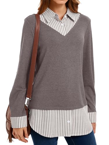 Image of Oyamiki Women's Casual Collared Curved Hem 2 in 1 Pullover Tops Plaid Contrast Shirt Blouse