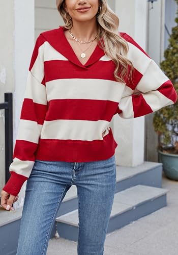 Image of D-Sun Women Striped Sweater V Neck Long Sleeve Cropped Color Block Pullover Sweater Casual Fall Winter Knit Polo Jumper Top