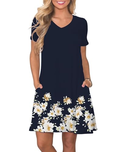 Image of COSSEN Women's Casual T Shirt Dress V-Neck Short Sleeves Swing Dresses Birthday Party Summer Travel Beach with Pocket