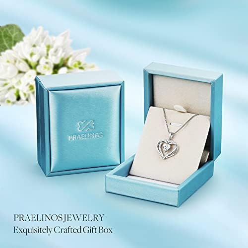 Praelinos Love Heart Necklace for Women White Gold Plated Birthstone Pendant Silver Tone 5A Cubic Zirconia Valentines Mother's Day Birthday Jewellery Gift for Mum Girlfriend Wife Her